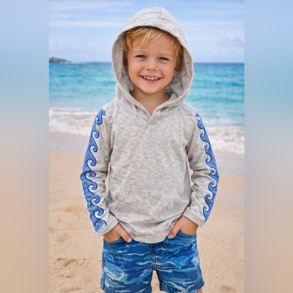 Tea Collection Wave Print Hoodie Long Sleeve Top Gray Blue Size 4T Japan Line